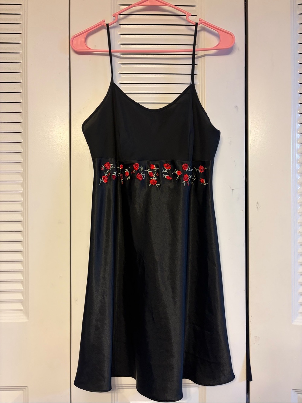 delicates Black Slip Dress with Red Rose Embroidery